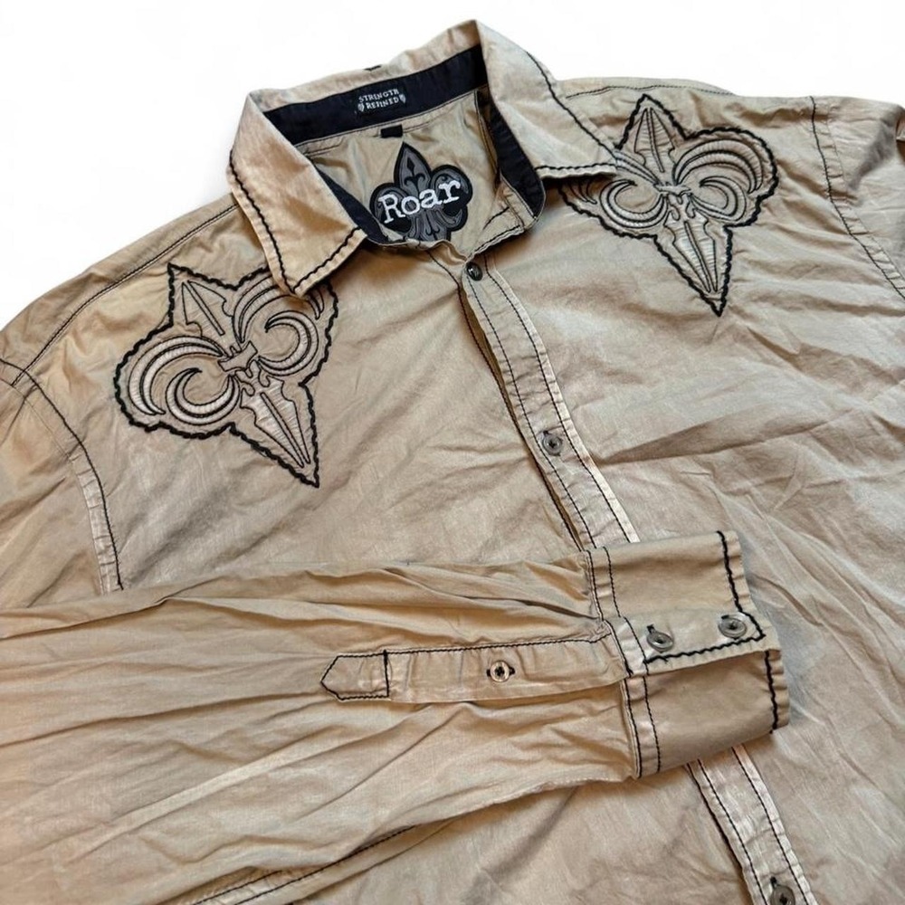 Roar punk grunge brown embroidered button up long sleeve shirt size XL